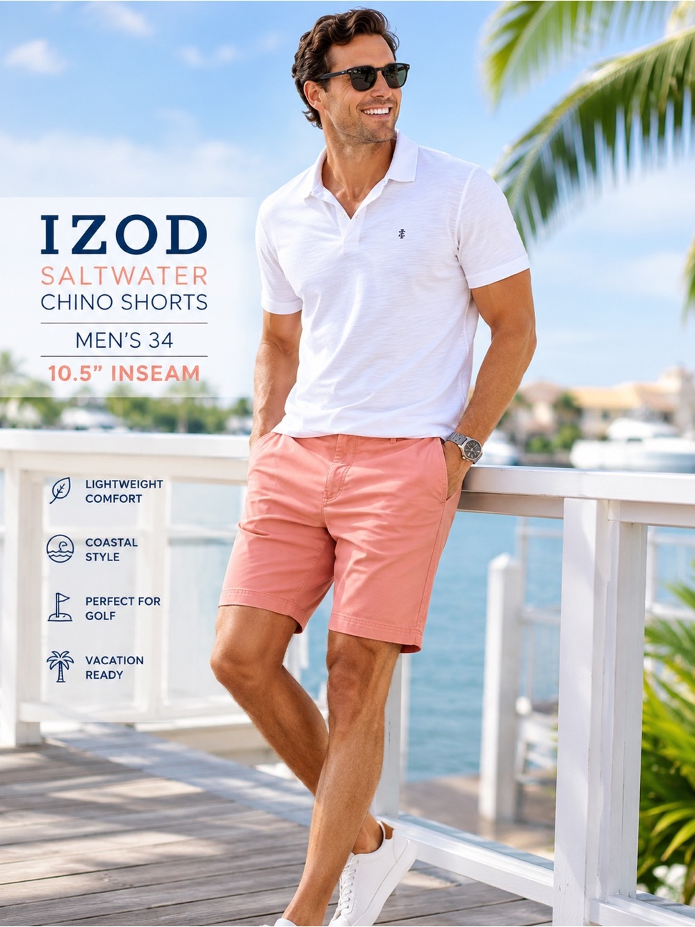 IZOD Saltwater Chino Shorts Mens 34 Salmon Peach Pink Flat Front Golf NWOT